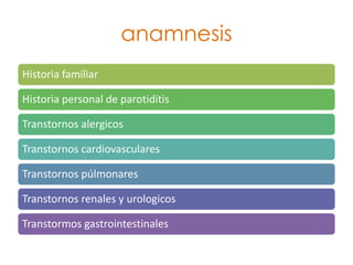 anamnesis
Historia familiar

Historia personal de parotiditis

Transtornos alergicos

Transtornos cardiovasculares

Transtornos púlmonares

Transtornos renales y urologicos

Transtormos gastrointestinales
 