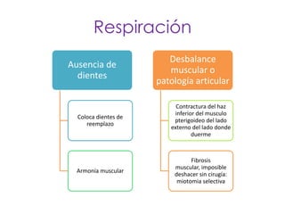 Respiración
                         Desbalance
Ausencia de
                         muscular o
  dientes
                      patología articular

                           Contractura del haz
                          inferior del musculo
  Coloca dientes de
                          pterigoideo del lado
     reemplazo
                         externo del lado donde
                                 duerme



                                Fibrosis
                          muscular, imposible
 Armonía muscular
                          deshacer sin cirugía:
                           miotomia selectiva
 