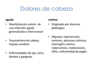 Dolores de cabeza
agudo                           crónico
• Manifestación común de        • Originado por diversas
  una infección aguda              patologías
  generalizada o intercraneal
                                • Migraña, hipertensión,
• Traumatismo de cabeza,          tumores, abscesos crónicos,
  hipoxia cerebral.               meningitis crónica,
                                  tuberculosis, criptococosis,
• Enfermedades de ojo, nariz,     sífilis, enfermedad de paget.
  dientes y garganta.
 