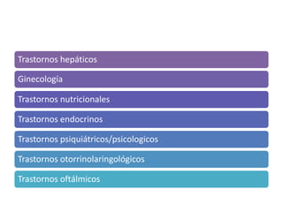 Trastornos hepáticos

Ginecología

Trastornos nutricionales

Trastornos endocrinos

Trastornos psiquiátricos/psicologicos

Trastornos otorrinolaringológicos

Trastornos oftálmicos
 
