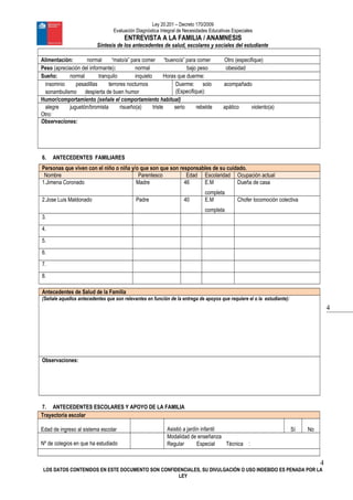 4
Ley 20.201 – Decreto 170/2009
Evaluación Diagnóstica Integral de Necesidades Educativas Especiales
ENTREVISTA A LA FAMILIA / ANAMNESIS
Síntesis de los antecedentes de salud, escolares y sociales del estudiante
Alimentación: normal “malo/a” para comer “bueno/a” para comer Otro (especifique)
Peso (apreciación del informante): normal bajo peso obesidad
Sueño: normal tranquilo inquieto Horas que duerme:
insomnio pesadillas terrores nocturnos
sonambulismo despierta de buen humor
Duerme: solo acompañado
(Especifique):
Humor/comportamiento (señale el comportamiento habitual)
alegre juguetón/bromista risueño(a) triste serio rebelde apático violento(a)
Otro:
Observaciones:
6. ANTECEDENTES FAMILIARES
Personas que viven con el niño o niña y/o que son que son responsables de su cuidado.
Nombre Parentesco Edad Escolaridad Ocupación actual
1.Jimena Coronado Madre 46 E.M
completa
Dueña de casa
2.Jose Luis Maldonado Padre 40 E.M
completa
Chofer locomoción colectiva
3.
4.
5.
6.
7.
8.
Antecedentes de Salud de la Familia
(Señale aquellos antecedentes que son relevantes en función de la entrega de apoyos que requiere el o la estudiante):
Observaciones:
7. ANTECEDENTES ESCOLARES Y APOYO DE LA FAMILIA
Trayectoria escolar
Edad de ingreso al sistema escolar Asistió a jardín infantil Sí No
Nº de colegios en que ha estudiado
Modalidad de enseñanza
Regular Especial Técnica :
4
LOS DATOS CONTENIDOS EN ESTE DOCUMENTO SON CONFIDENCIALES, SU DIVULGACIÓN O USO INDEBIDO ES PENADA POR LA
LEY
 