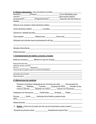 6. Historia alimentaria: Tipo de lactancia recibida: _____________________________
Duración:_________¿Porque?______________________ ¿Tuvo dificultades para
mamar? :_______________________________________ ¿Se la quitó el pecho
bruscamente?_________ ¿Progresivamente?___________ Reacción del niño frente al
destete ________________________________________________________________
Edad en que empezó a darle alimentos solidos _________________________________
Come alimentos sólidos: __________ Licuados: ________________________________
Ganancia o pérdida de peso________________________________________________
Tiene apetito: ___________ Mastica bien ___________Come solo_________________
Actitudes de la familia hacia la alimentación del hijo_____________________________
______________________________________________________________________
Alergias alimentarias______________________________________________________
Observaciones: __________________________________________________________
7. Entretenimiento de hábitos urinarios y fecales
Edad de comienzo______ Manera en que se condujo_____________________________
Reacciones del niño_______________________________________________________________
Edad de control urinario:
Diurno:_____________ Nocturno:_____________
Creencia de los padres sobre el control de esfínteres: ____________________________________
________________________________________________________________________________
Actitudes de la familia: _____________________________________________________________
Observaciones: ___________________________________________________________________
________________________________________________________________________________
8. Alteraciones de conducta
Presenta conductas inadaptativas de: Comerse las uñas _____ Succionarse los
dedos_____ Rabietas ____ Tumores _____ Sudores de mano ____ Temblor en las
manos y piernas _____ Agresión sin motivo ______ Caerse con frecuencia _______
Golpearse con frecuencia ______ Tartamudez _____ Empujar ___ Patear ___________
Escupe ______ Araña _____ Actitudes de la familia y padres hacia
ellos____________________________________________________________________
Observaciones: ___________________________________________________________
9. Sueño ¿Cómo era el sueño de niño (a) en los primeros cuatro meses?___________
Durante los primeros años: _____________ Actualmente duerme bien: ______________

 