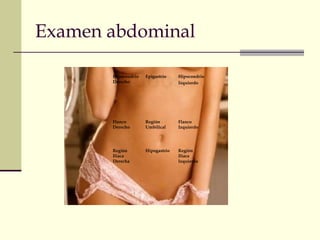 Examen abdominal 
Hipocondrio 
Derecho 
Epigastrio Hipocondrio 
Izquierdo 
Flanco 
Derecho 
Región 
Umbilical 
Flanco 
Izquierdo 
Región 
Iliaca 
Derecha 
Hipogastrio Región 
Iliaca 
Izquierda 
 