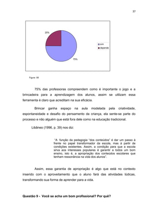 37




                   25%




                                                         sim
                                                         depende



                                      75%




    Figura 08




         75% das professoras compreendem como é importante o jogo e a
brincadeira para a aprendizagem dos alunos, assim se utilizam essa
ferramenta é claro que acreditam na sua eficácia.

         Brincar     ganha   espaço    na   aula   modelada        pela   criatividade,
espontaneidade e desafio do pensamento da criança, ela sente-se parte do
processo e não alguém que está fora dele como na educação tradicional.

      Libâneo (1996, p. 39) nos diz:


                          “A função da pedagogia “dos conteúdos” é dar um passo à
                         frente no papel transformador da escola, mas á partir de
                         condições existentes. Assim, a condição para que a escola
                         sirva aos interesses populares é garantir a todos um bom
                         ensino, isto é, a apropriação dos conteúdos escolares que
                         tenham ressonância na vida dos alunos”.



         Assim, essa garantia de apropriação é algo que está no contexto
inserido com o aproveitamento que o aluno fará das atividades lúdicas,
transformando sua forma de aprender para a vida.




Questão 9 - Você se acha um bom profissional? Por quê?
 