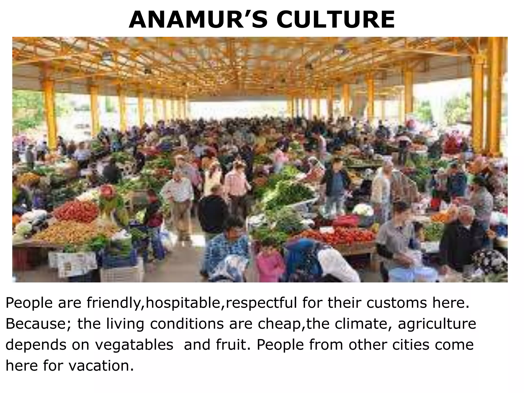 ANAMUR’S CULTURE
People are friendly,hospitable,respectful for their customs here.
Because; the living conditions are cheap,the climate, agriculture
depends on vegatables and fruit. People from other cities come
here for vacation.
 