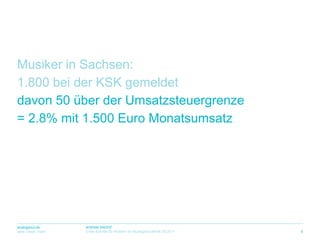Musiker in Sachsen:1.800 beider KSK gemeldetdavon 50 überderUmsatzsteuergrenze= 2.8% mit 1.500 Euro Monatsumsatz5