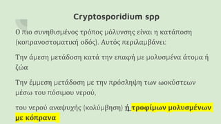 Cryptosporidium spp
Ο πιο συνηθισμένος τρόπος μόλυνσης είναι η κατάποση
(κοπρανοστοματική οδός). Αυτός περιλαμβάνει:
Την άμεση μετάδοση κατά την επαφή με μολυσμένα άτομα ή
ζώα
Την έμμεση μετάδοση με την πρόσληψη των ωοκύστεων
μέσω του πόσιμου νερού,
του νερού αναψυχής (κολύμβηση) ή τροφίμων μολυσμένων
με κόπρανα
 