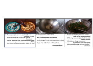 6. Yes, theyre all in it together now, even the
Hing and the Indispensable Salt,
All showing up and doing justice to the dish,
Now Free of Fault
What a joyous change in andscape
Togetherness could bring Simply
And even make some go as Green (as this)
with Envy!
4. These seasonings, awesome, arent So Camera-
Conscious Perhaps
Shy mustards take the lead though, Without
Time lapse
Give out spluttering calls to these showcased Grains
Aglow
Now these proud grains follow; just Go with the Flow!
5. Nice and roasted, Golden Brown
Best of condiments and Spices in Town
In chorus signal friends to hurry up; Not to be Slack
As any delay on their part could turn them
Unpalatably Black!
 