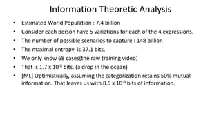 Information Theoretic Analysis
• Estimated World Population : 7.4 billion
• Consider each person have 5 variations for each of the 4 expressions.
• The number of possible scenarios to capture : 148 billion
• The maximal entropy is 37.1 bits.
• We only know 68 cases(the raw training video)
• That is 1.7 x 10-8 bits. (a drop in the ocean)
• [ML] Optimistically, assuming the categorization retains 50% mutual
information. That leaves us with 8.5 x 10-9 bits of information.
 