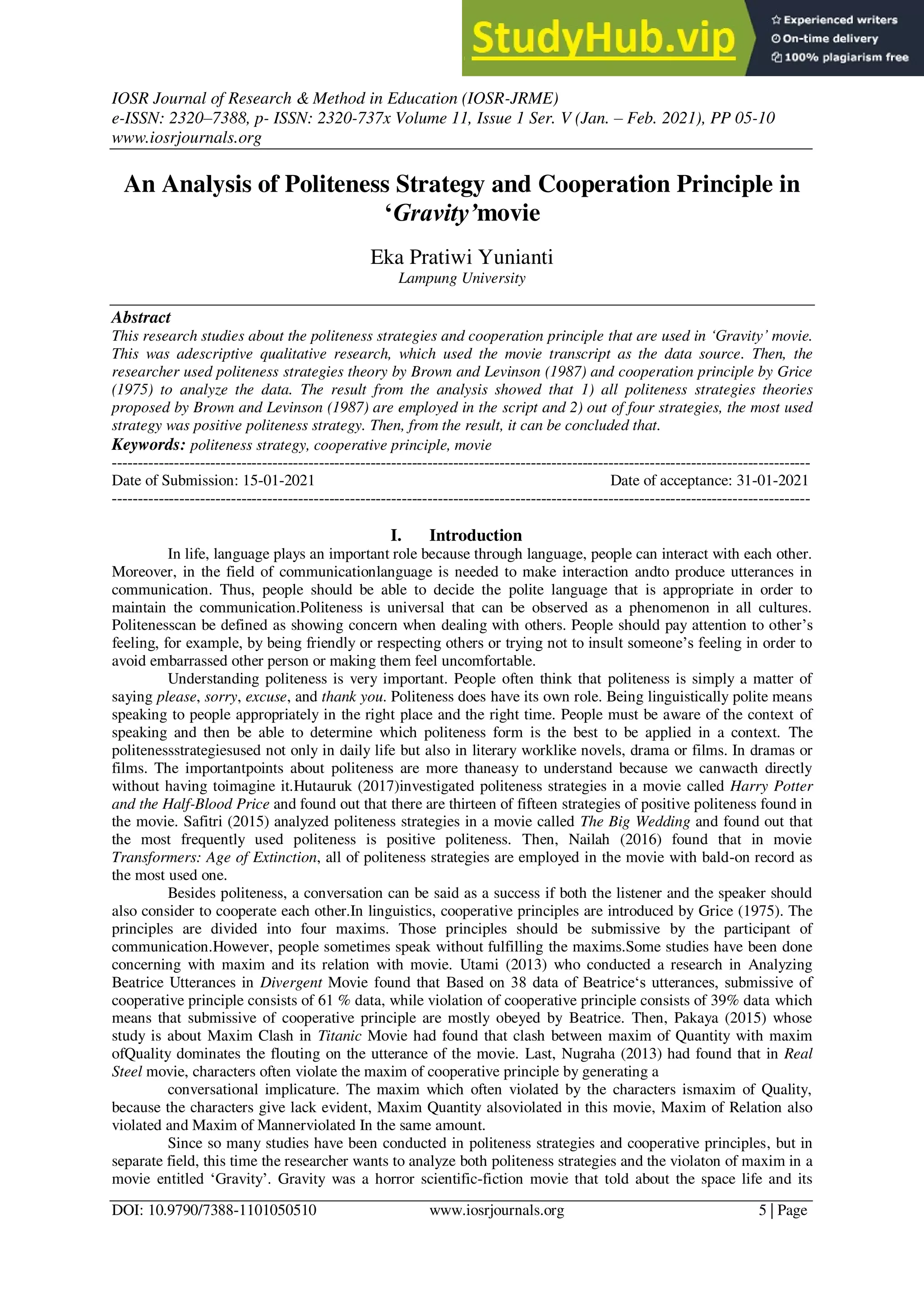 An Analysis Of Politeness Strategy And Cooperation Principle In Gravity