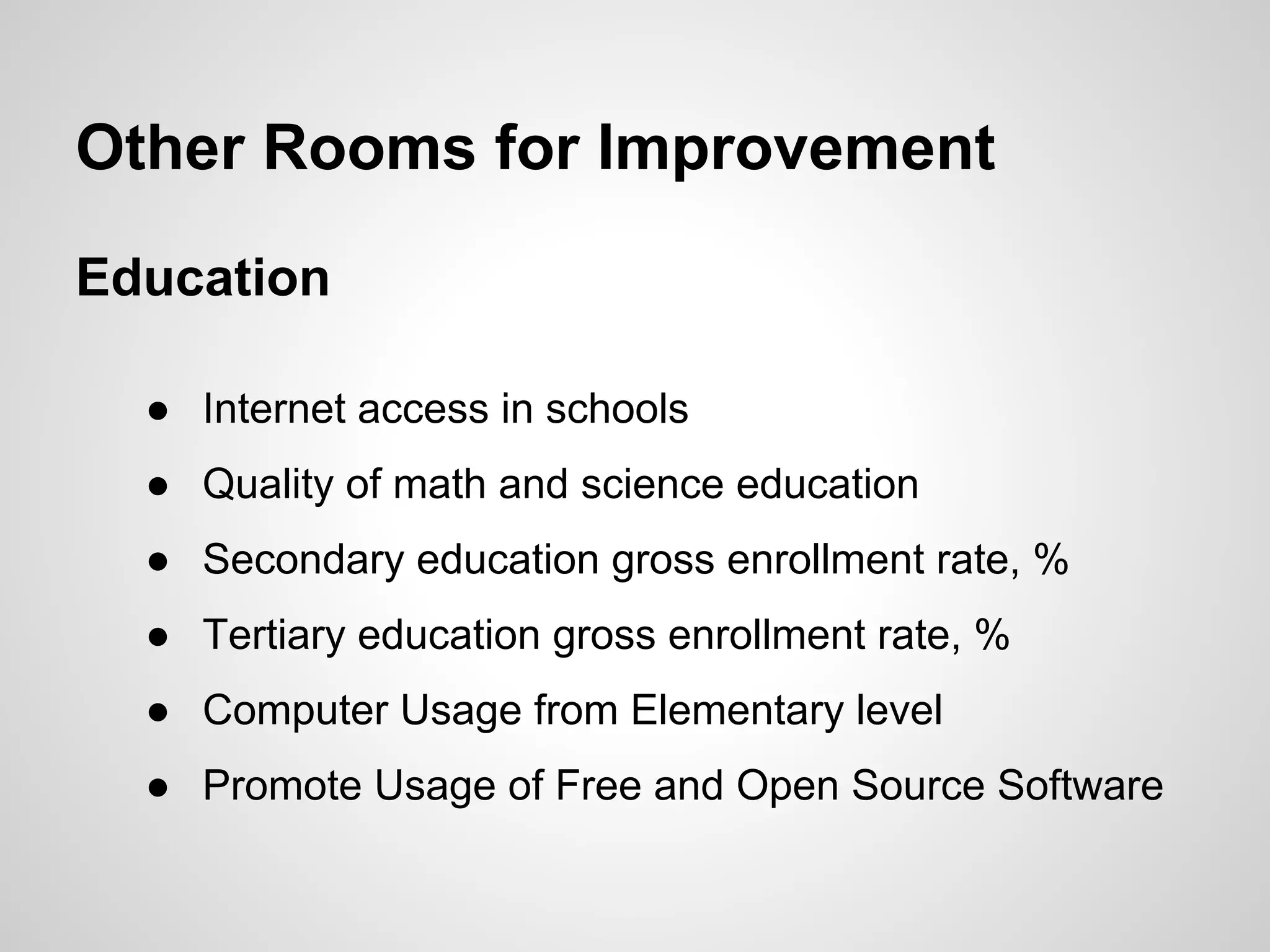 Other Rooms for Improvement
Education
● Internet access in schools
● Quality of math and science education
● Secondary education gross enrollment rate, %
● Tertiary education gross enrollment rate, %
● Computer Usage from Elementary level
● Promote Usage of Free and Open Source Software
 