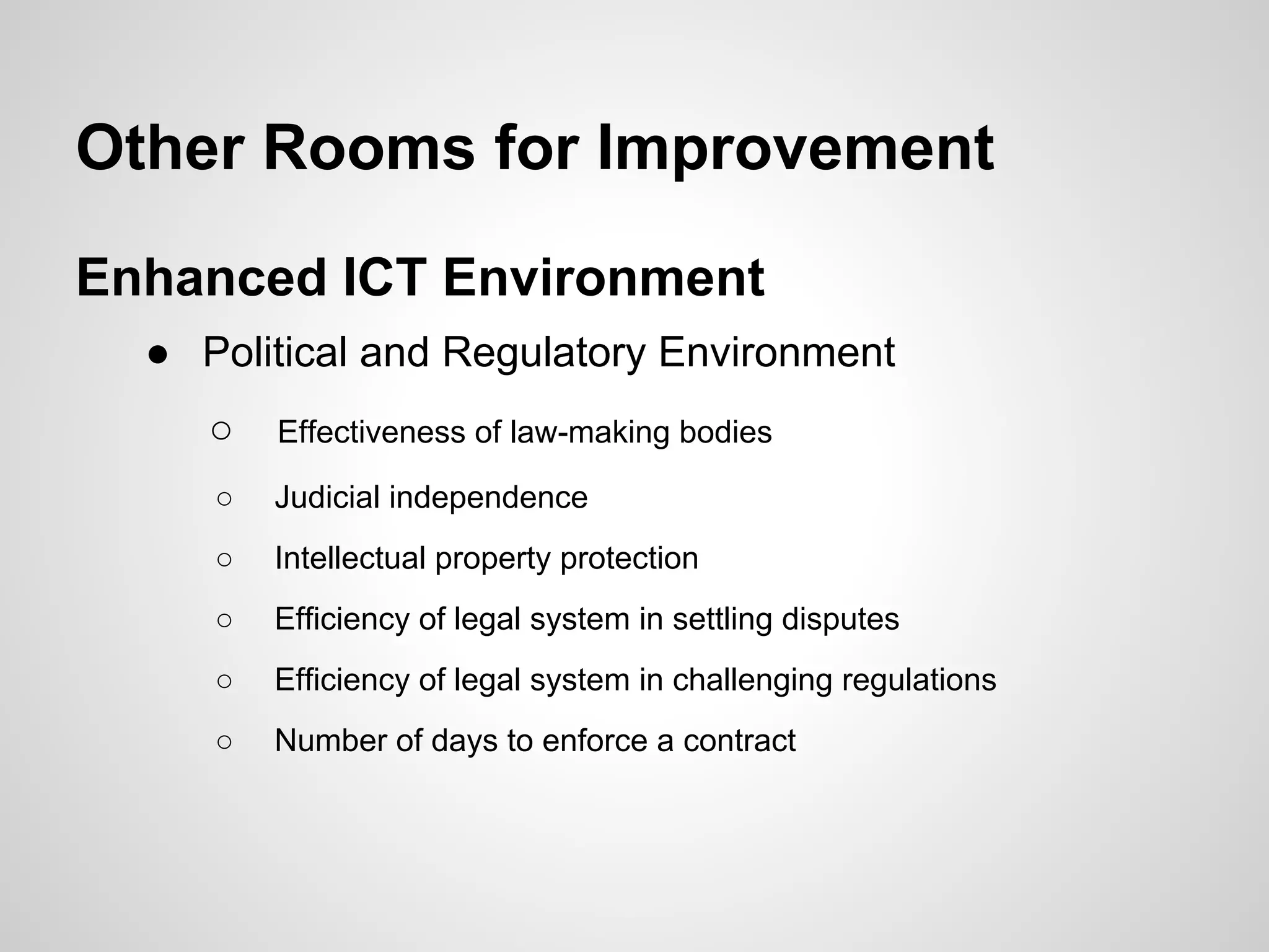 Other Rooms for Improvement
Enhanced ICT Environment
● Political and Regulatory Environment
○ Effectiveness of law-making bodies
○ Judicial independence
○ Intellectual property protection
○ Efficiency of legal system in settling disputes
○ Efficiency of legal system in challenging regulations
○ Number of days to enforce a contract
 