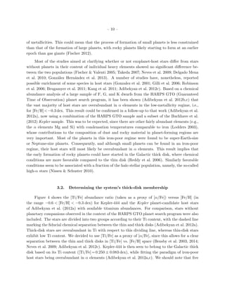 – 10 –
of metallicities. This could mean that the process of formation of small planets is less constrained
than that of the formation of large planets, with rocky planets likely starting to form at an earlier
epoch than gas giants (Fischer 2012).
Most of the studies aimed at clarifying whether or not exoplanet-host stars diﬀer from stars
without planets in their content of individual heavy elements showed no signiﬁcant diﬀerence be-
tween the two populations (Fischer & Valenti 2005; Takeda 2007; Neves et al. 2009; Delgado Mena
et al. 2010; Gonz´alez Hern´andez et al. 2013). A number of studies have, nonetheless, reported
possible enrichment of some species in host stars (Gonzalez et al. 2001; Gilli et al. 2006; Robinson
et al. 2006; Brugamyer et al. 2011; Kang et al. 2011; Adibekyan et al. 2012c). Based on a chemical
abundance analysis of a large sample of F, G, and K dwarfs from the HARPS GTO (Guaranteed
Time of Observation) planet search program, it has been shown (Adibekyan et al. 2012b,c) that
the vast majority of host stars are overabundant in α elements in the low-metallicity regime, i.e.,
for [Fe/H]<−0.3 dex. This result could be conﬁrmed in a follow-up to that work (Adibekyan et al.
2012a), now using a combination of the HARPS GTO sample and a subset of the Buchhave et al.
(2012) Kepler sample. This was to be expected, since there are other fairly abundant elements (e.g.,
the α elements Mg and Si) with condensation temperatures comparable to iron (Lodders 2003),
whose contributions to the composition of dust and rocky material in planet-forming regions are
very important. Most of the planets in this iron-poor regime were found to be super-Earth-size
or Neptune-size planets. Consequently, and although small planets can be found in an iron-poor
regime, their host stars will most likely be overabundant in α elements. This result implies that
the early formation of rocky planets could have started in the Galactic thick disk, where chemical
conditions are more favorable compared to the thin disk (Reddy et al. 2006). Similarly favorable
conditions seem to be associated with a fraction of the halo stellar population, namely, the so-called
high-α stars (Nissen & Schuster 2010).
3.2. Determining the system’s thick-disk membership
Figure 4 shows the [Ti/Fe] abundance ratio (taken as a proxy of [α/Fe]) versus [Fe/H] (in
the range −0.6 < [Fe/H] < −0.3 dex) for Kepler-444 and the Kepler planet-candidate host stars
of Adibekyan et al. (2012a) with available titanium abundances. For comparison, stars without
planetary companions observed in the context of the HARPS GTO planet search program were also
included. The stars are divided into two groups according to their Ti content, with the dashed line
marking the ﬁducial chemical separation between the thin and thick disks (Adibekyan et al. 2012a).
Thick-disk stars are overabundant in Ti with respect to this dividing line, whereas thin-disk stars
exhibit low Ti content. We decided to use [Ti/Fe] as a proxy of [α/Fe], since this allows for a clear
separation between the thin and thick disks in [Ti/Fe] vs. [Fe/H] space (Bensby et al. 2003, 2014;
Neves et al. 2009; Adibekyan et al. 2012c). Kepler-444 is then seen to belong to the Galactic thick
disk based on its Ti content ([Ti/Fe]=0.250 ± 0.083 dex), while ﬁtting the paradigm of iron-poor
host stars being overabundant in α elements (Adibekyan et al. 2012a,c). We should note that ﬁve
 