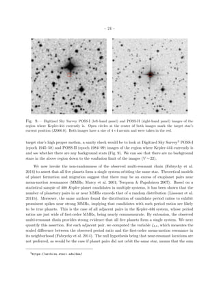 – 24 –
Fig. 9.— Digitized Sky Survey POSS-I (left-hand panel) and POSS-II (right-hand panel) images of the
region where Kepler-444 currently is. Open circles at the center of both images mark the target star’s
current position (J2000.0). Both images have a size of 4×4 arcmin and were taken in the red.
target star’s high proper motion, a sanity check would be to look at Digitized Sky Survey3 POSS-I
(epoch 1945–58) and POSS-II (epoch 1984–99) images of the region where Kepler-444 currently is
and see whether there are any background stars (Fig. 9). We can see that there are no background
stars in the above region down to the confusion limit of the images (V ∼22).
We now invoke the non-randomness of the observed multi-resonant chain (Fabrycky et al.
2014) to assert that all ﬁve planets form a single system orbiting the same star. Theoretical models
of planet formation and migration suggest that there may be an excess of exoplanet pairs near
mean-motion resonances (MMRs; Marcy et al. 2001; Terquem & Papaloizou 2007). Based on a
statistical sample of 408 Kepler planet candidates in multiple systems, it has been shown that the
number of planetary pairs in or near MMRs exceeds that of a random distribution (Lissauer et al.
2011b). Moreover, the same authors found the distribution of candidate period ratios to exhibit
prominent spikes near strong MMRs, implying that candidates with such period ratios are likely
to be true planets. This is the case of all adjacent pairs in the Kepler-444 system, whose period
ratios are just wide of ﬁrst-order MMRs, being nearly commensurate. By extension, the observed
multi-resonant chain provides strong evidence that all ﬁve planets form a single system. We next
quantify this assertion. For each adjacent pair, we computed the variable ζ1,1, which measures the
scaled diﬀerence between the observed period ratio and the ﬁrst-order mean-motion resonance in
its neighborhood (Fabrycky et al. 2014). The null hypothesis being that near-resonant locations are
not preferred, as would be the case if planet pairs did not orbit the same star, means that the sum
3
https://archive.stsci.edu/dss/
 