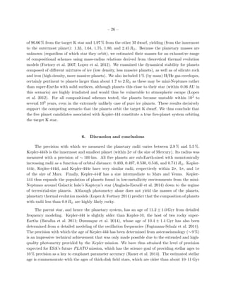 – 26 –
of 96.06 % from the target K star and 1.97 % from the other M dwarf, yielding (from the innermost
to the outermost planet): 1.33, 1.64, 1.75, 1.80, and 2.45 R⊕. Because the planetary masses are
unknown (regardless of which star they orbit), we estimated their masses for an exhaustive range
of compositional schemes using mass-radius relations derived from theoretical thermal evolution
models (Fortney et al. 2007; Lopez et al. 2012). We examined the dynamical stability for planets
composed of diﬀerent mixtures of ice (low density, less massive planets), as well as of silicate rock
and iron (high density, more massive planets). We also included 1 % (by mass) H/He gas envelopes,
certainly pertinent to planets larger than about 1.7 to 2 R⊕ as these may be mini-Neptunes rather
than super-Earths with solid surfaces, although planets this close to their star (within 0.06 AU in
this scenario) are highly irradiated and would thus be vulnerable to atmospheric escape (Lopez
et al. 2012). For all compositional schemes tested, the planets became unstable within 102 to
several 103 years, even in the extremely unlikely case of pure ice planets. These results decisively
support the competing scenario that the planets orbit the target K dwarf. We thus conclude that
the ﬁve planet candidates associated with Kepler-444 constitute a true ﬁve-planet system orbiting
the target K star.
6. Discussion and conclusions
The precision with which we measured the planetary radii varies between 2.9 % and 5.5 %.
Kepler-444b is the innermost and smallest planet (within 2σ of the size of Mercury). Its radius was
measured with a precision of ∼ 100 km. All ﬁve planets are sub-Earth-sized with monotonically
increasing radii as a function of orbital distance: 0.403, 0.497, 0.530, 0.546, and 0.741 R⊕. Kepler-
444c, Kepler-444d, and Kepler-444e have very similar radii, respectively within 2σ, 1σ, and 1σ
of the size of Mars. Finally, Kepler-444f has a size intermediate to Mars and Venus. Kepler-
444 thus expands the population of planets found in low-metallicity environments from the mini-
Neptunes around Galactic halo’s Kapteyn’s star (Anglada-Escud´e et al. 2014) down to the regime
of terrestrial-size planets. Although photometry alone does not yield the masses of the planets,
planetary thermal evolution models (Lopez & Fortney 2014) predict that the composition of planets
with radii less than 0.8 R⊕ are highly likely rocky.
The parent star, and hence the planetary system, has an age of 11.2 ± 1.0 Gyr from detailed
frequency modeling. Kepler-444 is slightly older than Kepler-10, the host of two rocky super-
Earths (Batalha et al. 2011; Dumusque et al. 2014), whose age of 10.4 ± 1.4 Gyr has also been
determined from a detailed modeling of the oscillation frequencies (Fogtmann-Schulz et al. 2014).
The precision with which the age of Kepler-444 has been determined from asteroseismology (∼9 %)
is an impressive technical achievement that was only made possible due to the extended and high-
quality photometry provided by the Kepler mission. We have thus attained the level of precision
expected for ESA’s future PLATO mission, which has the science goal of providing stellar ages to
10 % precision as a key to exoplanet parameter accuracy (Rauer et al. 2014). The estimated stellar
age is commensurate with the ages of thick-disk ﬁeld stars, which are older than about 10–11 Gyr
 