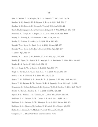 – 31 –
Basu, S., Verner, G. A., Chaplin, W. J., & Elsworth, Y. 2012, ApJ, 746, 76
Batalha, N. M., Borucki, W. J., Bryson, S. T., et al. 2011, ApJ, 729, 27
Batalha, N. M., Rowe, J. F., Bryson, S. T., et al. 2013, ApJS, 204, 24
Bazot, M., Bourguignon, S., & Christensen-Dalsgaard, J. 2012, MNRAS, 427, 1847
Belkacem, K., Goupil, M. J., Dupret, M. A., et al. 2011, A&A, 530, A142
Bensby, T., Feltzing, S., & Lundstr¨om, I. 2003, A&A, 410, 527
Bensby, T., Feltzing, S., & Oey, M. S. 2014, A&A, 562, A71
Borucki, W. J., Koch, D., Basri, G., et al. 2010, Science, 327, 977
Borucki, W. J., Koch, D. G., Basri, G., et al. 2011a, ApJ, 728, 117
—. 2011b, ApJ, 736, 19
Borucki, W. J., Koch, D. G., Batalha, N., et al. 2012, ApJ, 745, 120
Bouchy, F., Bazot, M., Santos, N. C., Vauclair, S., & Sosnowska, D. 2005, A&A, 440, 609
Bouchy, F., & Carrier, F. 2001, A&A, 374, L5
Bovy, J., Hogg, D. W., & Roweis, S. T. 2009, ApJ, 700, 1794
Brogi, M., Snellen, I. A. G., de Kok, R. J., et al. 2012, Nature, 486, 502
Brown, T. M., & Gilliland, R. L. 1994, ARA&A, 32, 37
Brown, T. M., Gilliland, R. L., Noyes, R. W., & Ramsey, L. W. 1991, ApJ, 368, 599
Brown, T. M., Latham, D. W., Everett, M. E., & Esquerdo, G. A. 2011, AJ, 142, 112
Brugamyer, E., Dodson-Robinson, S. E., Cochran, W. D., & Sneden, C. 2011, ApJ, 738, 97
Bruntt, H., Basu, S., Smalley, B., et al. 2012, MNRAS, 423, 122
Bryson, S. T., Jenkins, J. M., Gilliland, R. L., et al. 2013, PASP, 125, 889
Buchhave, L. A., Latham, D. W., Carter, J. A., et al. 2011, ApJS, 197, 3
Buchhave, L. A., Latham, D. W., Johansen, A., et al. 2012, Nature, 486, 375
Buchhave, L. A., Bizzarro, M., Latham, D. W., et al. 2014, Nature, 509, 593
Burke, C. J., Bryson, S. T., Mullally, F., et al. 2014, ApJS, 210, 19
Campante, T. L. 2012, PhD thesis, Universidade do Porto
 