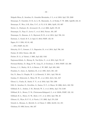 – 33 –
Delgado Mena, E., Israelian, G., Gonz´alez Hern´andez, J. I., et al. 2010, ApJ, 725, 2349
Demarque, P., Guenther, D. B., Li, L. H., Mazumdar, A., & Straka, C. W. 2008, Ap&SS, 316, 31
Demarque, P., Woo, J.-H., Kim, Y.-C., & Yi, S. K. 2004, ApJS, 155, 667
Dotter, A., Chaboyer, B., Jevremovi´c, D., et al. 2008, ApJS, 178, 89
Dumusque, X., Pepe, F., Lovis, C., et al. 2012, Nature, 491, 207
Dumusque, X., Bonomo, A. S., Haywood, R. D., et al. 2014, ApJ, 789, 154
Eastman, J., Gaudi, B. S., & Agol, E. 2013, PASP, 125, 83
Eggen, O. J. 1956, AJ, 61, 462
—. 1971, PASP, 83, 271
Fabrycky, D. C., Lissauer, J. J., Ragozzine, D., et al. 2014, ApJ, 790, 146
Fischer, D. 2012, Nature, 486, 331
Fischer, D. A., & Valenti, J. 2005, ApJ, 622, 1102
Fogtmann-Schulz, A., Hinrup, B., Van Eylen, V., et al. 2014, ApJ, 781, 67
Foreman-Mackey, D., Hogg, D. W., Lang, D., & Goodman, J. 2013, PASP, 125, 306
Fortney, J. J., Marley, M. S., & Barnes, J. W. 2007, ApJ, 659, 1661
Frandsen, S., Jones, A., Kjeldsen, H., et al. 1995, A&A, 301, 123
Gai, N., Basu, S., Chaplin, W. J., & Elsworth, Y. 2011, ApJ, 730, 63
Gaulme, P., Deheuvels, S., Weiss, W. W., et al. 2010, A&A, 524, A47
Ghezzi, L., Cunha, K., Smith, V. V., et al. 2010, ApJ, 720, 1290
Gilli, G., Israelian, G., Ecuvillon, A., Santos, N. C., & Mayor, M. 2006, A&A, 449, 723
Gilliland, R. L., Jenkins, J. M., Borucki, W. J., et al. 2010a, ApJ, 713, L160
Gilliland, R. L., Brown, T. M., Christensen-Dalsgaard, J., et al. 2010b, PASP, 122, 131
Gilliland, R. L., Marcy, G. W., Rowe, J. F., et al. 2013, ApJ, 766, 40
Gilmore, G., Wyse, R. F. G., & Norris, J. E. 2002, ApJ, 574, L39
Girardi, L., Bressan, A., Bertelli, G., & Chiosi, C. 2000, A&AS, 141, 371
Gladman, B. 1993, Icarus, 106, 247
 
