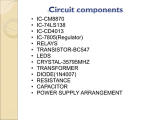 •   IC-CM8870
•   IC-74LS138
•   IC-CD4013
•   IC-7805(Regulator)
•   RELAYS
•   TRANSISTOR-BC547
•   LEDS
•   CRYSTAL-35795MHZ
•   TRANSFORMER
•   DIODE(1N4007)
•   RESISTANCE
•   CAPACITOR
•   POWER SUPPLY ARRANGEMENT
 