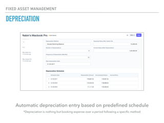 FIXED ASSET MANAGEMENT
DEPRECIATION
Automatic depreciation entry based on predeﬁned schedule
*Depreciation is nothing but booking expense over a period following a speciﬁc method
 