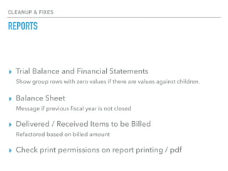 CLEANUP & FIXES
REPORTS
▸ Trial Balance and Financial Statements
Show group rows with zero values if there are values against children.
▸ Balance Sheet
Message if previous ﬁscal year is not closed
▸ Delivered / Received Items to be Billed
Refactored based on billed amount
▸ Check print permissions on report printing / pdf
 