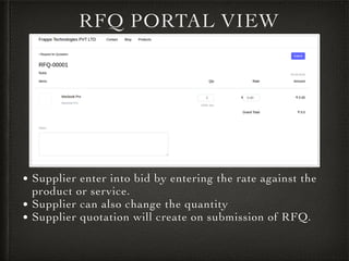 RFQ PORTAL VIEW
• Supplier enter into bid by entering the rate against the
product or service.
• Supplier can also change the quantity
• Supplier quotation will create on submission of RFQ.
 