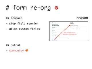 # form re-org "
## Feature
- stop field reorder
- allow custom fields
## Output
- community #
reason
 