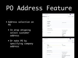 PO Address Feature
• Address selection on
PO
• In drop shipping
select customer
address
• Or make PO by
specifying company
address
 