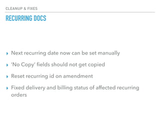 CLEANUP & FIXES
RECURRING DOCS
▸ Next recurring date now can be set manually
▸ ‘No Copy’ ﬁelds should not get copied
▸ Res...