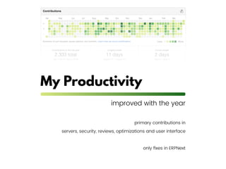 My Productivity
improved with the year
primary contributions in
servers, security, reviews, optimizations and user interfa...
