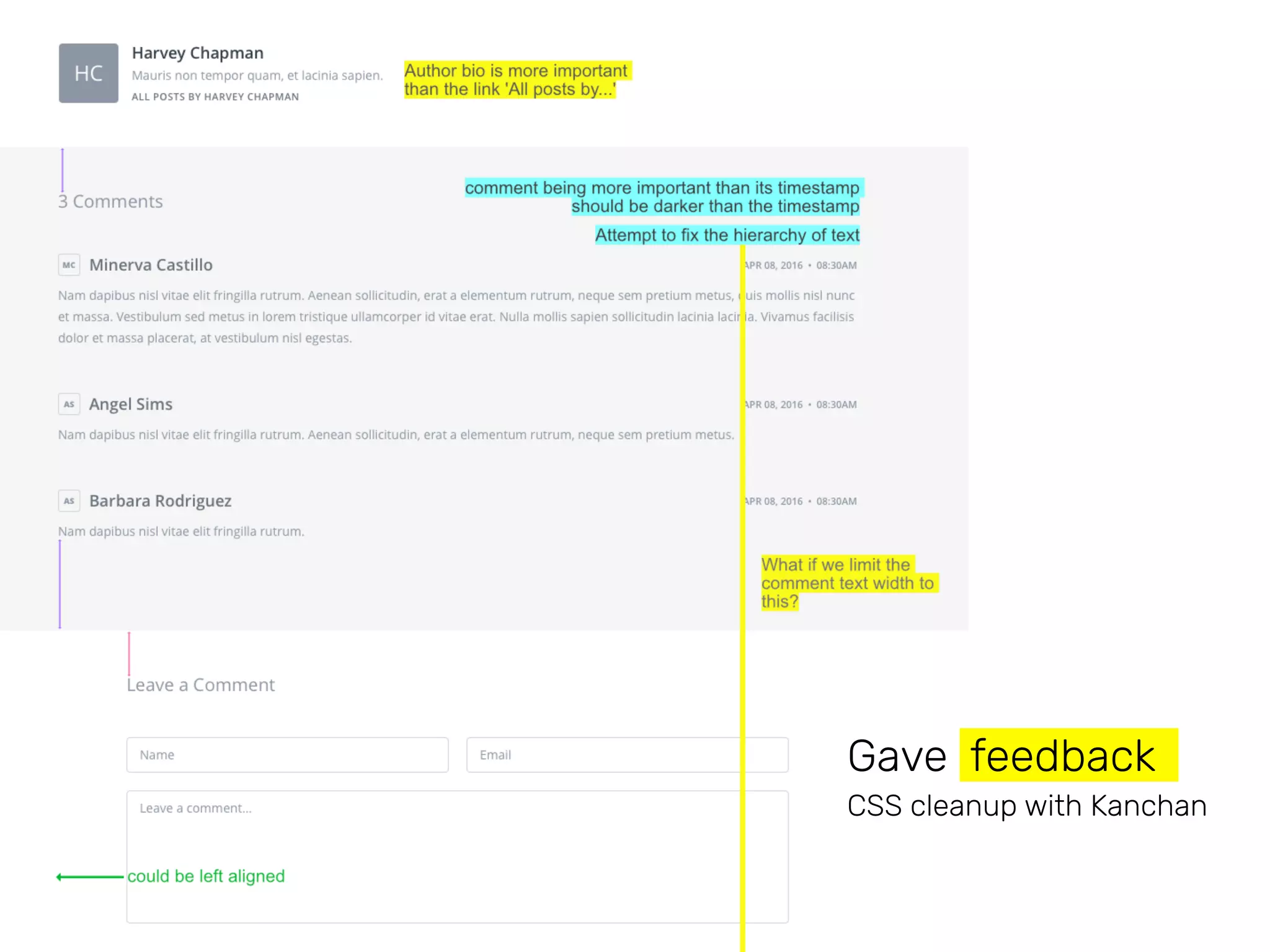 Gave feedback
CSS cleanup with Kanchan
 