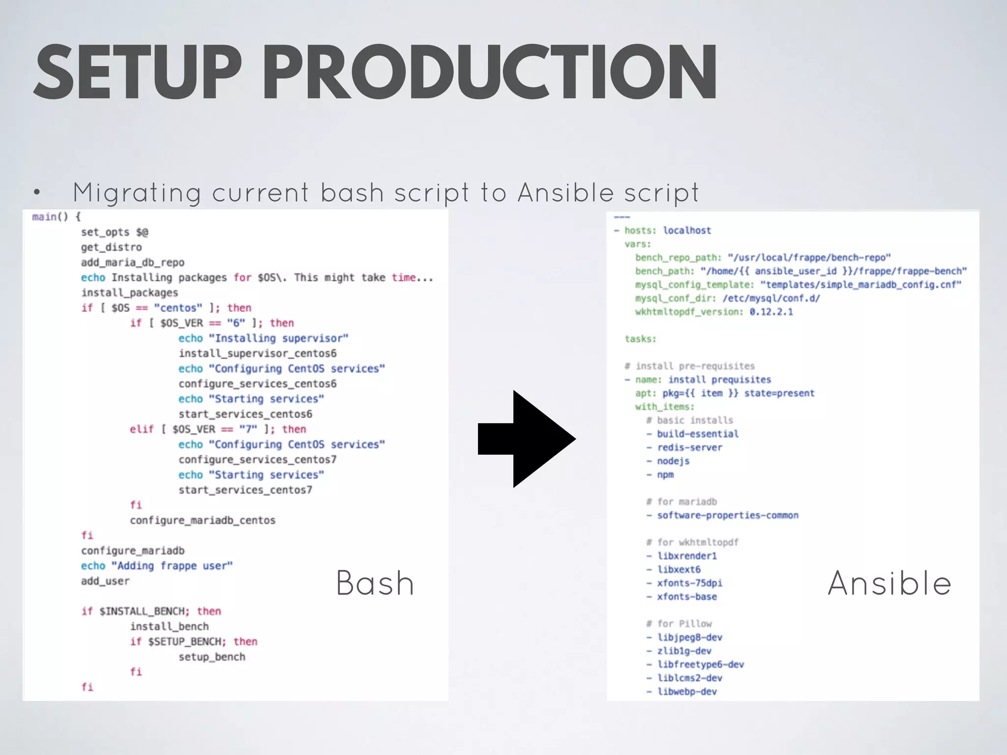 SETUP PRODUCTION
• Migrating current bash script to Ansible script
Bash Ansible
 