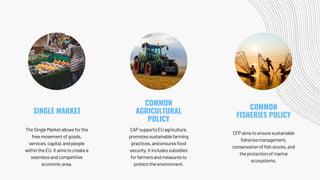 TheSingleMarketallowsforthe
freemovementofgoods,
services,capital,andpeople
withintheEU.Itaimstocreatea
seamlessandcompetitive
economicarea.
CAPsupportsEUagriculture,
promotessustainablefarming
practices,andensuresfood
security.Itincludessubsidies
forfarmersandmeasuresto
protecttheenvironment.
CFPaimstoensuresustainable
fisheriesmanagement,
conservationoffishstocks,and
theprotectionofmarine
ecosystems.
SINGLE MARKET
COMMON
AGRICULTURAL
POLICY
COMMON
FISHERIES POLICY
 