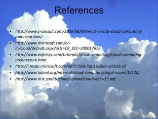 References
• http://www.s-consult.com/2009/08/04/what-is-saas-cloud-computing-
paas-and-iaas/
• http://www.microsoft.com/en-
in/cloud/default.aspx?qstr=CR_SCC=200017675
• http://www.exforsys.com/tutorials/cloud-computing/cloud-computing-
architecture.html
• http://i.msdn.microsoft.com/dd727504.fig01%28en-us%29.gif
• http://www.labnol.org/internet/cloud-computing-legal-issues/14120/
• http://www.nist.gov/itl/cloud/upload/cloud-def-v15.pdf
 