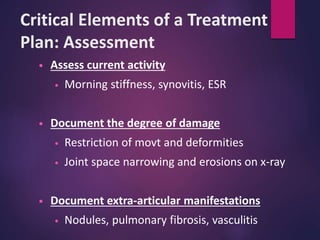 Critical Elements of a Treatment
Plan: Assessment
• Assess current activity
• Morning stiffness, synovitis, ESR
• Document the degree of damage
• Restriction of movt and deformities
• Joint space narrowing and erosions on x-ray
• Document extra-articular manifestations
• Nodules, pulmonary fibrosis, vasculitis
 