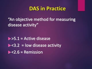 DAS in Practice
“An objective method for measuring
disease activity”
>5.1 = Active disease
<3.2 = low disease activity
<2.6 = Remission
 
