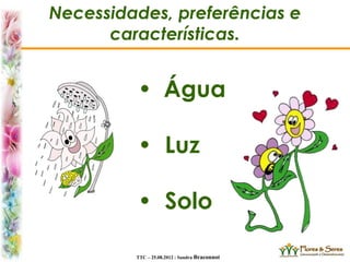 TTC – 25.08.2012 : Sandra Braconnot
Necessidades, preferências e
características.
• Água
• Luz
• Solo
 
