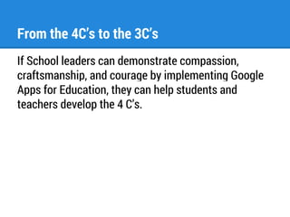 From the 4C’s to the 3C’s 
If School leaders can demonstrate compassion, 
craftsmanship, and courage by implementing Google 
Apps for Education, they can help students and 
teachers develop the 4 C’s. 
 