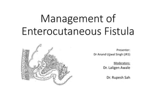 Management of
Enterocutaneous Fistula
Presenter:
Dr Anand Ujjwal Singh (JR1)
Moderators:
Dr. Laligen Awale
Dr. Rupesh Sah
 