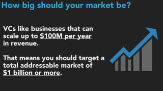 VCs like businesses that can
scale up to $100M per year 
in revenue. 
That means you should target a
total addressable market of  
$1 billion or more.
How big should your market be?
 