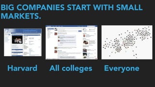 BIG COMPANIES START WITH SMALL
MARKETS.
Harvard All colleges Everyone
 