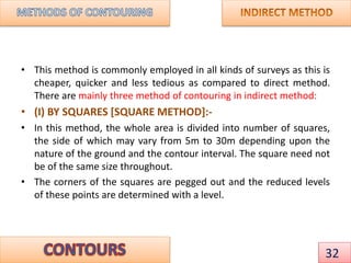 • This method is commonly employed in all kinds of surveys as this is
cheaper, quicker and less tedious as compared to direct method.
There are mainly three method of contouring in indirect method:
• (I) BY SQUARES [SQUARE METHOD]:-
• In this method, the whole area is divided into number of squares,
the side of which may vary from 5m to 30m depending upon the
nature of the ground and the contour interval. The square need not
be of the same size throughout.
• The corners of the squares are pegged out and the reduced levels
of these points are determined with a level.
32
 