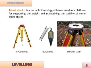 • Tripod stand :- is a portable three-legged frame, used as a platform
for supporting the weight and maintaining the stability of some
other object.
PLUMB BOBTRIPOD STAND TRIPOD STAND
6
 