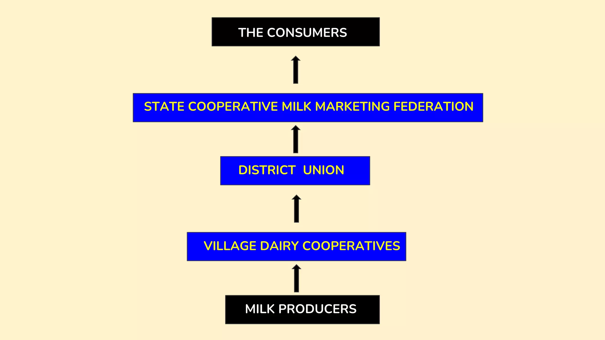 MILK PRODUCERS
VILLAGE DAIRY COOPERATIVES
DISTRICT UNION
STATE COOPERATIVE MILK MARKETING FEDERATION
THE CONSUMERS
 