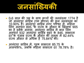  0-6 िाल की उम्र के िाथ बच्चों की िनिंख्या 1774 है
िो आनंदपुर िाहहब (एम िीएल) की कु ल िनिंख्या का
10.90% है। आनंदपुर िाहहब नगर पररषद में, महहला
सलंग अनुपात 895. के राज्य के औित के खखलाफ 905
का है इिके अलािा, आनंदपुर िाहहब में बाल सलंग
अनुपात 932 आनंदपुर िाहहब शहर के 846. िािरता
दर के पंिाब राज्य के औित की तुलना में 82.44%
राज्य औित िे अधधक है 75.84% की।
 आनंदपुर िाहहब में, पुरुष िािरता 85.75 के
आिपाि%, िबकक महहला िािरता दर 78.78% है।
 