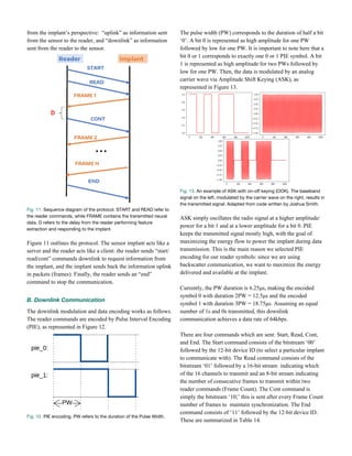 from the implant’s perspective: “uplink” as information sent
from the sensor to the reader, and “downlink” as information
sent from the reader to the sensor.
Fig. 11.​ Sequence diagram of the protocol. START and READ refer to 
the reader commands, while FRAME contains the transmitted neural 
data. D refers to the delay from the reader performing feature 
extraction and responding to the implant. 
 
Figure 11 outlines the protocol. The sensor implant acts like a
server and the reader acts like a client: the reader sends “start/
read/cont” commands downlink to request information from
the implant, and the implant sends back the information uplink
in packets (frames). Finally, the reader sends an “end”
command to stop the communication.
B. Downlink Communication 
The downlink modulation and data encoding works as follows.
The reader commands are encoded by Pulse Interval Encoding
(PIE), as represented in Figure 12.
Fig. 12.​ PIE encoding. PW refers to the duration of the Pulse Width.
The pulse width (PW) corresponds to the duration of half a bit
‘0’. A bit 0 is represented as high amplitude for one PW
followed by low for one PW. It is important to note here that a
bit 0 or 1 corresponds to exactly one 0 or 1 PIE symbol. A bit
1 is represented as high amplitude for two PWs followed by
low for one PW. Then, the data is modulated by an analog
carrier wave via Amplitude Shift Keying (ASK), as
represented in Figure 13.
Fig. 13.​ An example of ASK with on-off keying (OOK). The baseband 
signal on the left, modulated by the carrier wave on the right, results in 
the transmitted signal. Adapted from code written by Joshua Smith.  
 
ASK simply oscillates the radio signal at a higher amplitude/
power for a bit 1 and at a lower amplitude for a bit 0. PIE
keeps the transmitted signal mostly high, with the goal of
maximizing the energy flow to power the implant during data
transmission. This is the main reason we selected PIE
encoding for our reader symbols: since we are using
backscatter communication, we want to maximize the energy
delivered and available at the implant.
Currently, the PW duration is 6.25μs, making the encoded
symbol 0 with duration 2PW = 12.5μs and the encoded
symbol 1 with duration 3PW = 18.75μs. Assuming an equal
number of 1s and 0s transmitted, this downlink
communication achieves a data rate of 64kbps.
There are four commands which are sent: Start, Read, Cont,
and End. The Start command consists of the bitstream ‘00’
followed by the 12-bit device ID (to select a particular implant
to communicate with). The Read command consists of the
bitstream ‘01’ followed by a 16-bit stream indicating which
of the 16 channels to transmit and an 8-bit stream indicating
the number of consecutive frames to transmit within two
reader commands (Frame Count). The Cont command is
simply the bitstream ‘10;’ this is sent after every Frame Count
number of frames to maintain synchronization. The End
command consists of ‘11’ followed by the 12-bit device ID.
These are summarized in Table 14.
 