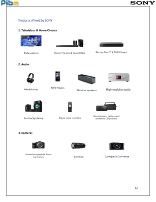 12
Products offered by SONY
1. Televisions & Home Cinema
2. Audio
3. Cameras
 