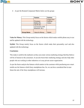 37
 As per the Rotated Component Matrix below are the groups
Factors Factors
Processor
Finger Print
Scanner
Battery life Colour
VoLTE 4G
Connectivity (Wifi,
Bluetooth, etc.)
Group Name Value for Money Stylish
Value for Money: This Group mainly focus on the factors which makes mobile phone easy to use
and be updated with the technology.
Stylish: This Group mainly focus on the factors which make their personality cool and also
updated with the technology
Conclusion:
This study is useful to the marketers as they can create various marketing strategy that they believe
will be of interest to the consumers. It can also boost their marketing strategy and also help other
people who are working in other industries or in any private sector organization.
As per the factor analysis the features which matters to the customer while purchasing new smart
mobile are the features which Sony smartphones has. So, we can have considered that in near
future the sale of the Sony smartphones will increase.
 