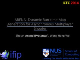 ICEC 2014 
ARENA- Dynamic Run-time Map 
generation for Asynchronous Multiplayer 
Shooter 
Bhojan Anand (Presenter), Wong Hong Wei 
 