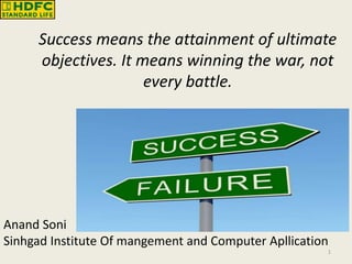 1 Success means the attainment of ultimate objectives. It means winning the war, not every battle. AnandSoni Sinhgad Institute Of mangement and Computer Apllication 