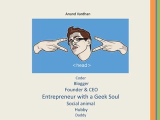 Anand Vardhan

Coder

Blogger

Founder & CEO

Entrepreneur with a Geek Soul
Social animal
Hubby
Daddy

 